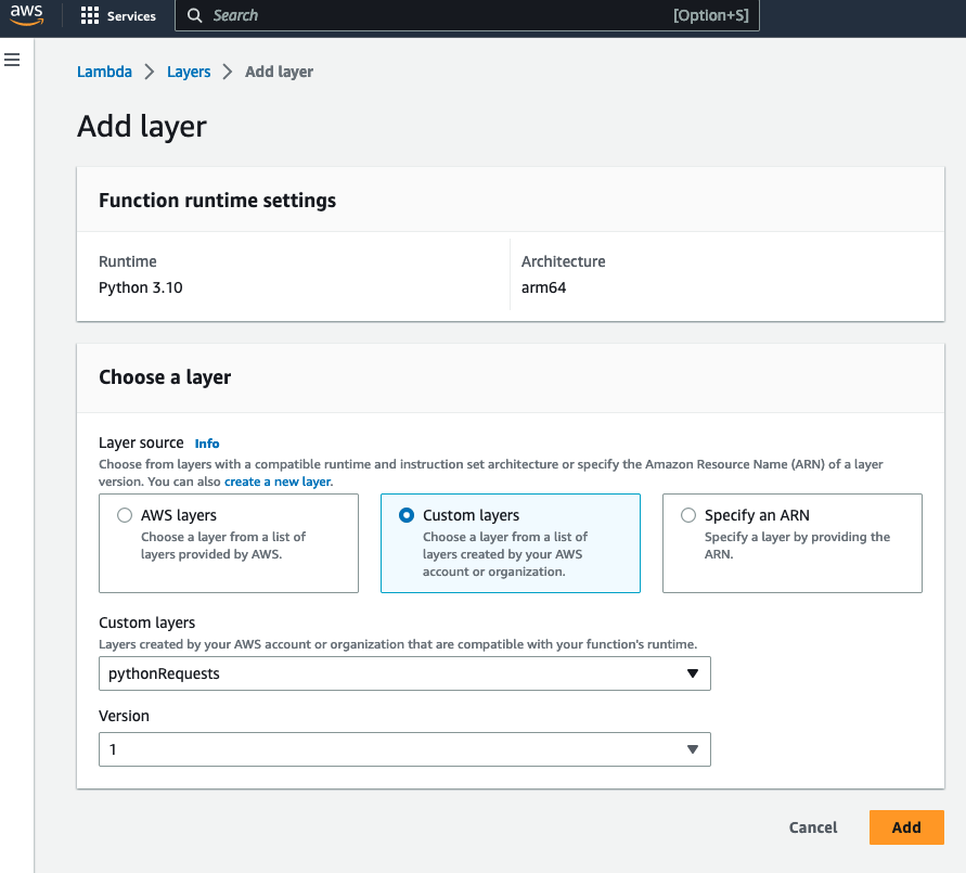 Adding a layer to AWS Lambda function