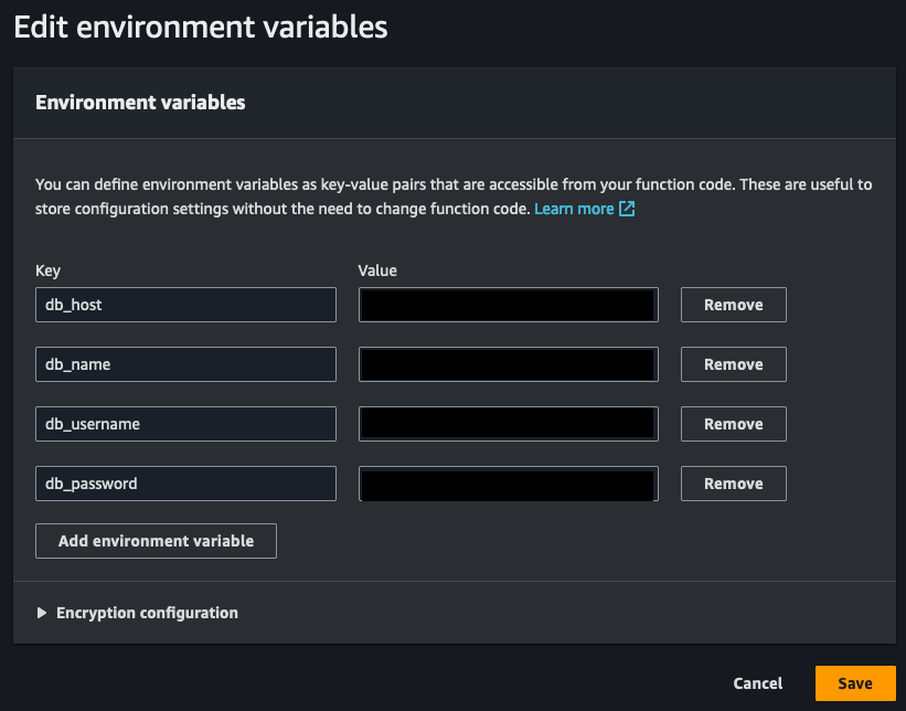 AWS Lambda Function RDS Environment Variables