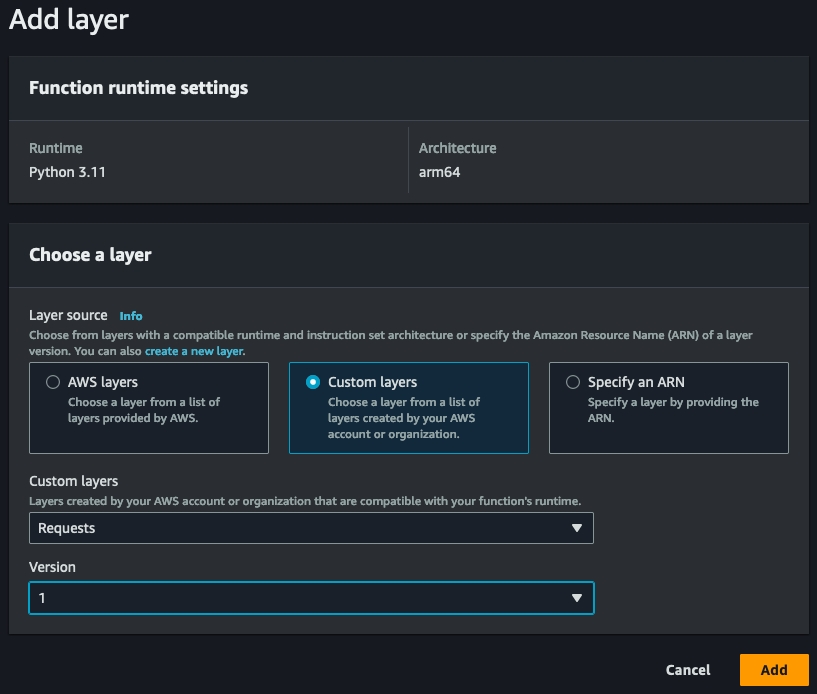 Adding the requests layer to Lambda