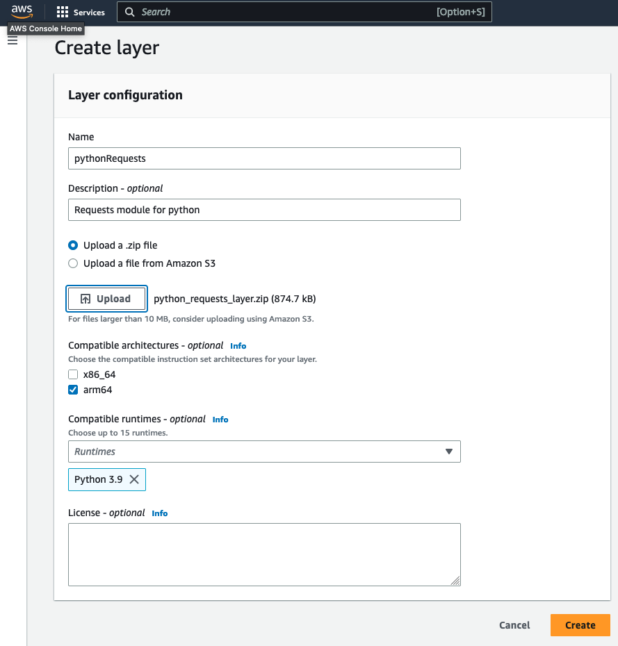 Creating a layer in AWS